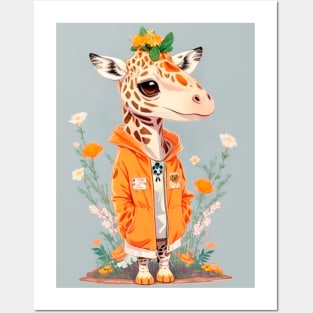 A giraffe in a jacket stands next to the flowers Posters and Art